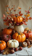 Poster - Fall Harvest Still Life: Pumpkins, Gourds, Leaves, and Pine Cones in Autumnal Arrangement