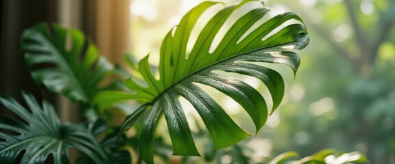 Poster - Close-up of a vibrant monstera plant, revealing its unique leaf structure and bathed in soft, natural light, indoor tropical foliage