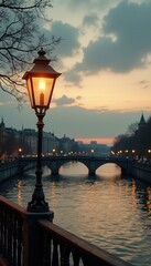 Poster - Serene Evening Scene: Illuminated Gas Lamp Reflecting on Calm River with Arched Bridge in Background