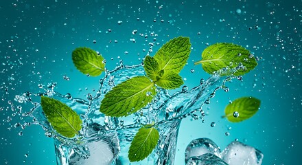 Poster - A high-speed capture of mint leaves suspended in mid-air as crystal-clear water splashes around them, with crushed ice sparkling in the background. 