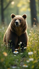 Poster - Brown bear amidst a field of daisies in a sunlit forest, creating a cinematic and serene wildlife portrait.