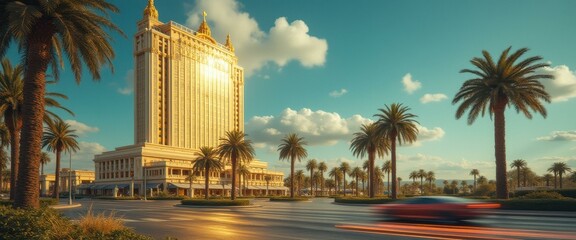 Aufkleber - Opulent golden building shimmers under the tropical sun, palm trees lining the road, with a red car speeding by in a motion blur.