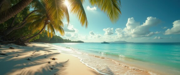 Poster - Serene Tropical Beach Scene with Turquoise Water, Palm Trees, and a Distant Boat