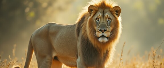 Poster - Golden lion gazes intently in sunlit field, showcasing its powerful physique and majestic mane amidst tall grasses