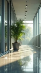 Leinwandbilder - Modern Office Corridor with Potted Plants and Reflected Light