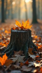 Poster - Autumnal Still Life: Tree Stump Adorned with Golden Maple Leaves in a Sunlit Forest
