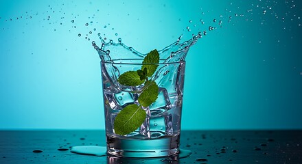 Poster - A stylish composition of mint leaves floating among ice cubes in a glass, with water splashing outwards against a dreamy teal and blue abstract backdrop. Cinematic lighting, ultra-realistic textures, 