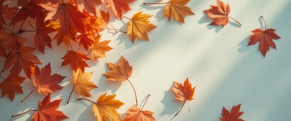 Poster - Autumn Leaves Composition on Light Surface - Decorative Fall Design