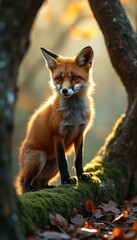 Poster - alert red fox perched on mossy log in sunlit forest - wildlife portrait