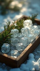 Poster - Icy Still Life: Rustic Tray with Ice Cubes and Evergreen Branch in Winter Sunlight