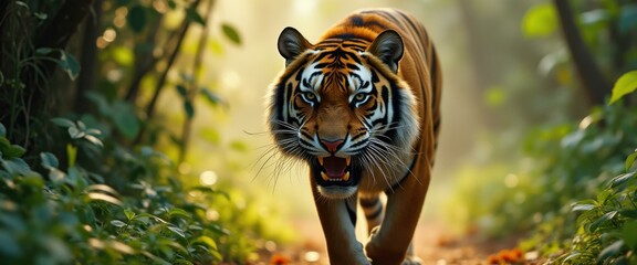 Poster - Majestic Tiger Strolling Through Sun-Dappled Forest Path