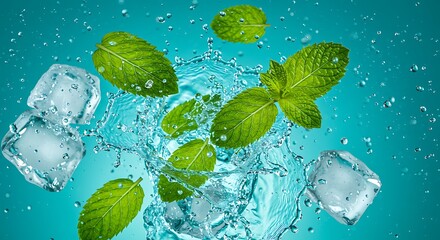 Poster - A high-speed capture of mint leaves suspended in mid-air as crystal-clear water splashes around them, with crushed ice sparkling in the background. 