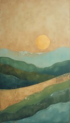 Poster - Minimalist Landscape Painting: Muted Tones, Geometric Hills, Sunrise Art