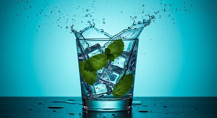 Poster - A stylish composition of mint leaves floating among ice cubes in a glass, with water splashing outwards against a dreamy teal and blue abstract backdrop. Cinematic lighting, ultra-realistic textures, 