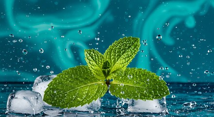Poster - Close-up of fresh mint leaves scattered among melting ice cubes, with water droplets splashing dynamically on a smooth teal and blue gradient background. 
