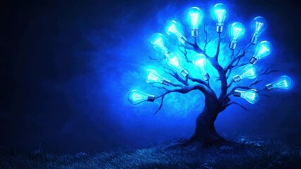 Poster - Fantasy Tree with Glowing Light Bulbs in a Surreal Blue Atmosphere 4k video