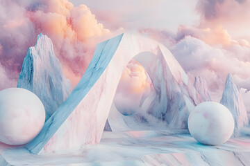 Poster - Pastel-toned, sculpted landscape with a marble archway and spheres.