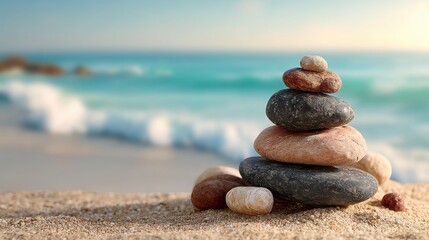Poster - Serene stack of rocks carefully balanced on a tranquil beach for a calming outdoor experience and natural beauty