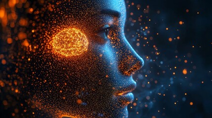 Poster - Glowing Digital Particles Forming a Woman's Face