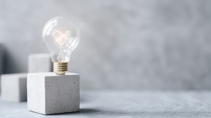 Poster - A bright light bulb on a concrete block representing innovative ideas and minimal capital strategy concepts