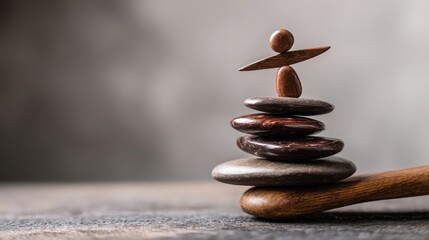 Poster - an intricate balanced stack of various objects showcasing precision and stability against a minimali