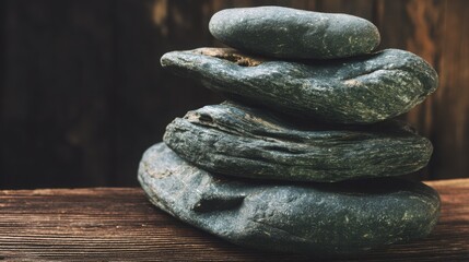 Poster - A stack of smooth rocks balanced harmoniously on a wooden table with natural light creating a serene atmosphere