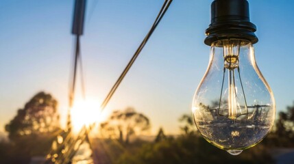 Poster - A glowing light bulb hanging from a wire against a simple background symbolizing innovative ideas and creative thinking