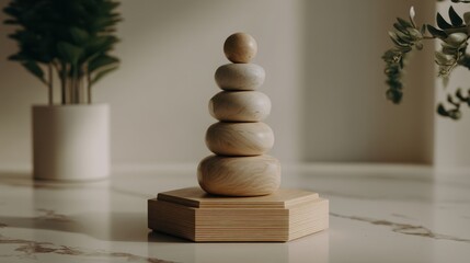 Poster - Neatly stacked rocks on a wooden table creating a tranquil natural display of calmness and serenity in the environment