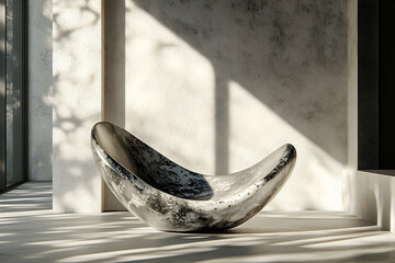 Poster - Modern, sculpted seat in a sunlit interior space.