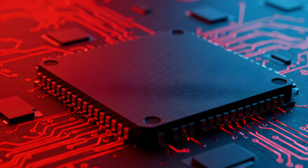 Poster - Close Up Central Processing Unit on Circuit Board in Dark with Red and Blue Lighting