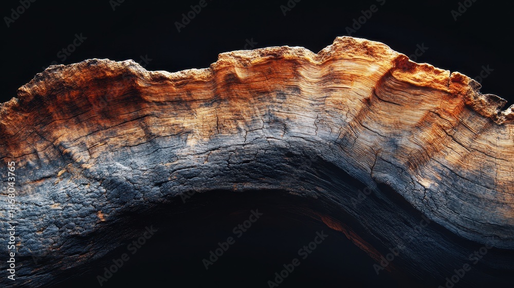 Burnt tree bark texture with orange and dark blue color against black ...