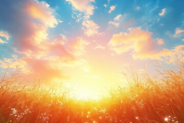 Wall Mural - golden sunlight shines on tall grass against a blue and orange sky. it is ideal for illustrating pea