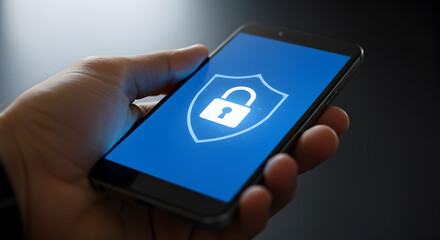 Poster - Hand Holding Mobile Phone Displaying Glowing Blue Security Shield Icon with Padlock for Data Protection on Dark Background