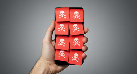 Poster - Hand Holding Smartphone Covered with Red Skull Sticky Notes on Gray Background Data Breach and Security Alerts