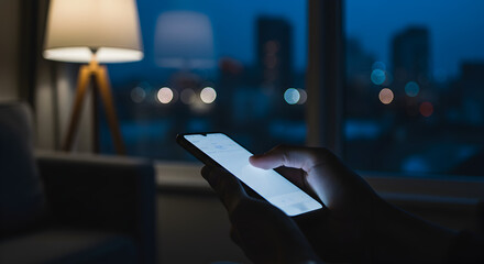 Poster - Hand Using Smartphone in Dark Room with Cityscape and Lamp Light Creating Cozy Night Time Ambiance