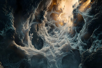 Poster - Abstract, swirling, cave-like, interior, illuminated passage.