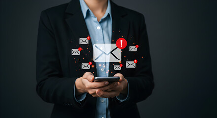 Poster - Person in Suit Holding Smartphone Surrounded by Digital Email Icons with Notification Alerts on a Dark Gray Background