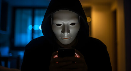 Poster - Person in White Mask and Black Hoodie Using Smartphone in Dark Room with Blue and Yellow Lighting