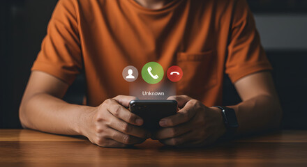 Poster - Person Using Smartphone Displaying Virtual Call Icons on a Wooden Table in Dark Background