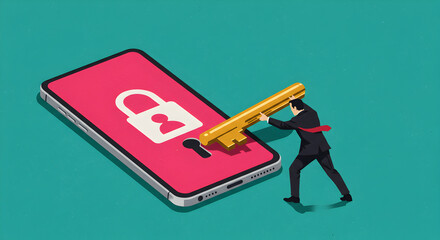 Poster - Pixel Art of Businessman Inserting Key into Smartphone Lock Symbolizing Data Security