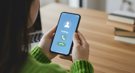 Poster - Woman Holds Smartphone Showing Incoming Call Screen with Light Green Sweater on Wooden Desk and Books in Background