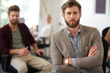 Aufkleber - Businessman, serious and portrait in office, coworking and writer with colleagues, reporter and professional. Face, proud and entrepreneur in company, journalist and confidence in startup or creative