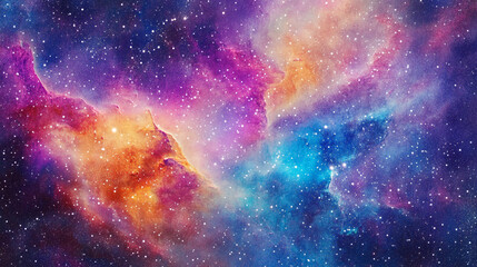 Poster - Colorful space galaxy cloud nebula starry cosmos astronomy, A breathtaking cosmic nebula painting showcasing a mesmerizing interplay with various color, Intergalactic Watercolor glowing in deep space.