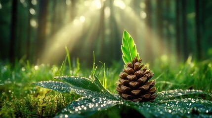 Poster - A single pine cone rests on a dew-covered green leaf, framed by soft forest light in the background