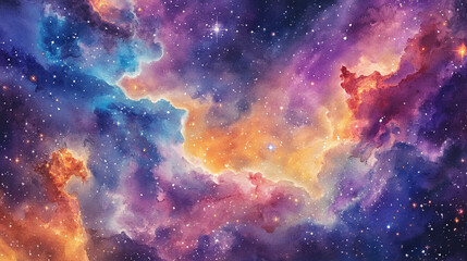 Poster - Colorful space galaxy cloud nebula starry cosmos astronomy, A breathtaking cosmic nebula painting showcasing a mesmerizing interplay with various color, Intergalactic Watercolor glowing in deep space.