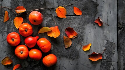 Poster - Artistic top view of ripe persimmons and scattered leaves on stone backdrop