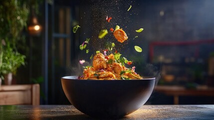 Poster - Authentic coconut curry with golden chicken, fresh herbs floating on top