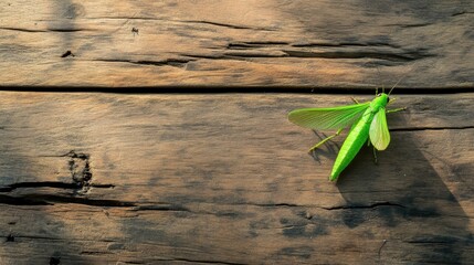 Poster - Artistic view of winged grasshopper on rustic wooden background