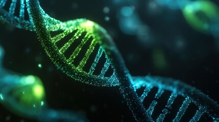 biometric healthcare real-time concept. a digital representation of dna strands illuminated in neon green and blue, showcasing a futuristic biotechnology theme. high quality