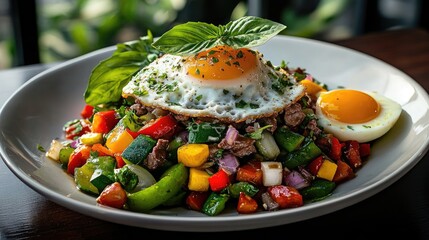 Poster - Beef strips stir-fried with colorful veggies, fresh basil and egg on side